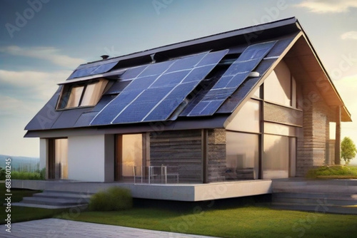 photovoltaic solar panels in modern house roof. Alternative and Renewable energy concept © Aurangzaib