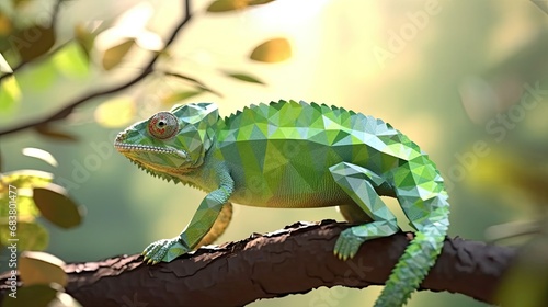 Portrait of a chameleon in a polygonal geometric shape, photo in a national geographic natural environment.
