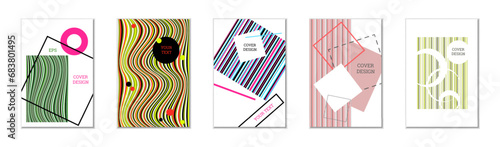 Geometric cover design, set of 5 covers. Abstract unusual background in Memphis style. Bright geometric shapes in random order