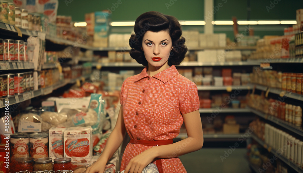 Woman in grocery store vintage design. Retro Girl with Groceries Healthy Food. Pop Art. Shopping in supermarket buying products concept