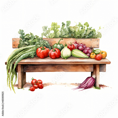 Watercolor bench with vegetable Clipart isolated on white background