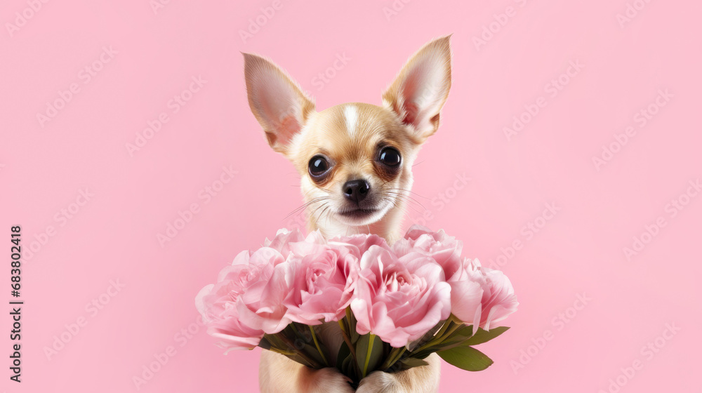 Dog with a bouquet of flowers on a pink background