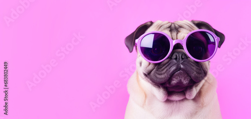 Cute pug with glasses on a purple background with copyspace