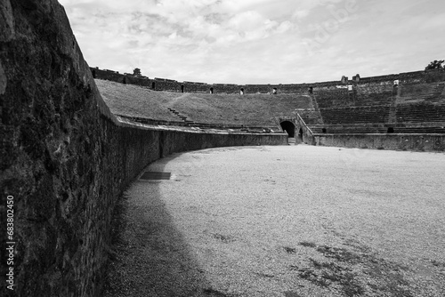 Ancient ruins of Pompei city (Scavi di Pompeii) Italy, black and white 