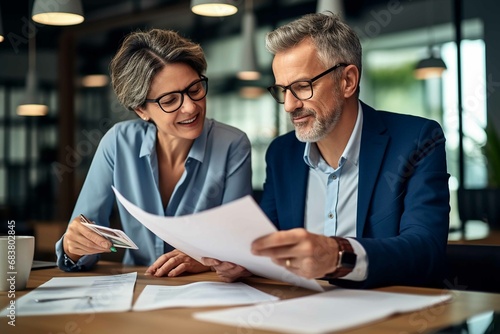 Mature business woman and man Two professional executives discussing financial accounting papers working with paperwork in office © MaxSimplify