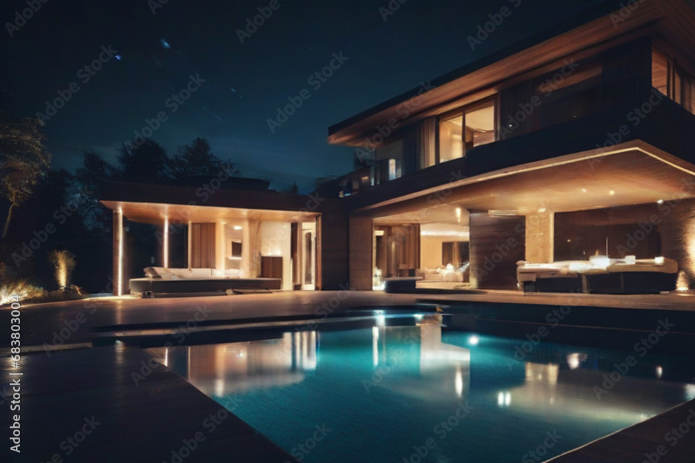 Luxury house with swimming pool illuminated at night

