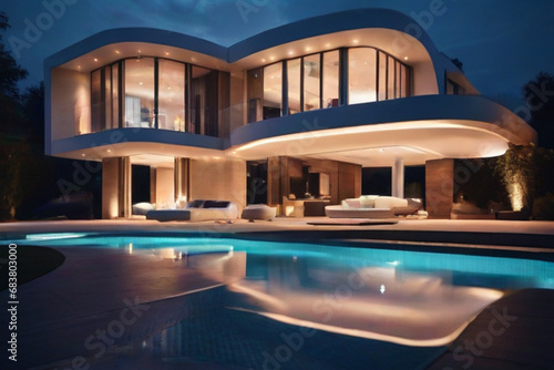 Luxury house with swimming pool illuminated at night 