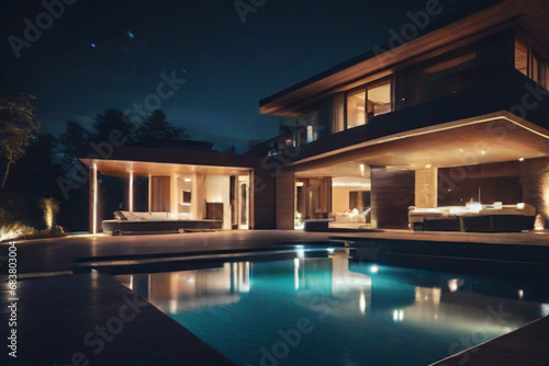 Luxury house with swimming pool illuminated at night  © Aurangzaib
