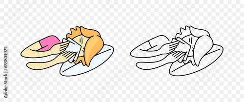 Sick woman blowing her nose or sneezing into handkerchief, graphic design. Disease, illness, sickness, virus and treatment, vector design and illustration