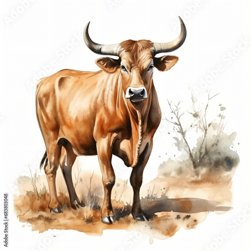 Watercolor bull in farm Clipart isolated on white background
