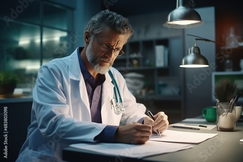 Mature male doctor works at his workplace with a laptop, enters a diagnosis into the database, coat fills out a patient form while working in a medical clinic