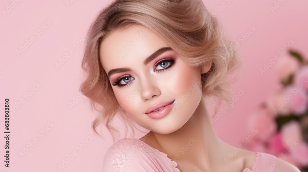 Woman Applying Makeup in Soft Pink Tones Against a Pinkish Background, Beauty and Elegance Woman Applying Makeup in Soft Pink Tones Against a Pinkish Background, Beauty and Elegance