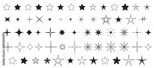 65 Different Star Shapes Vector Collection. Black Stars Outline Shapes Set. Star Icons Vector Illustration. Simple flat style isolated stars