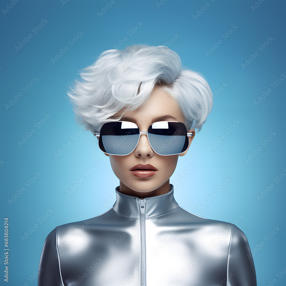 Futuristic portrait of a beautiful woman. White hair and silver jacket . Black mirror glasses. Pastel blue background. Futuristic portrait of a beautiful woman. White hair and silver jacket . Black mirror glasses. Pastel blue background.