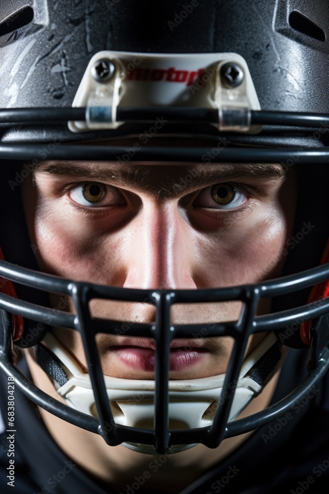 Close-up of a rugby player seen through the helmet Close-up of a rugby player seen through the helmet