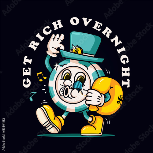 Poker chip coin mascot character with a hat carrying a bag of money. Suitable for logos, mascots, t-shirts, stickers and posters