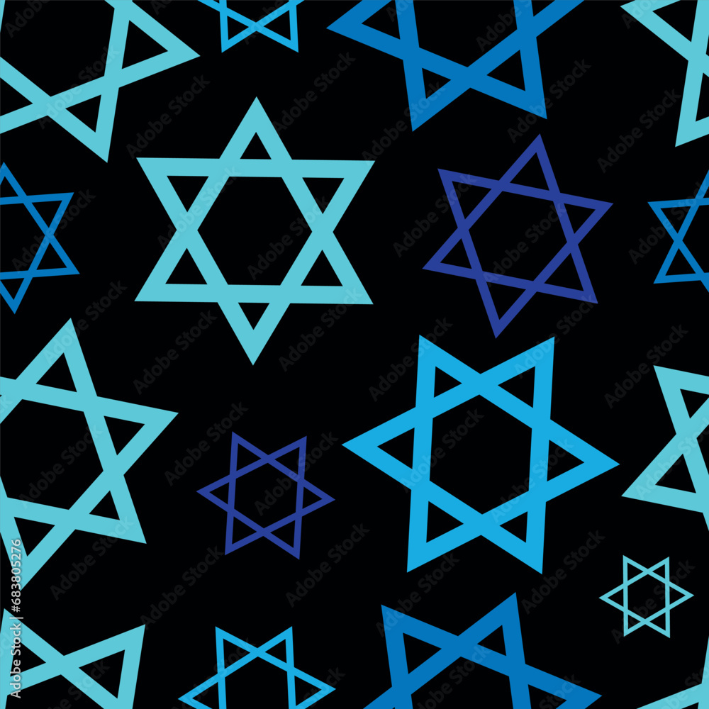 Israel Magen David star seamless pattern for print, web, design decoration, card, background. Stars of David on a black background vector illustration repeating pattern Israel Magen David star seamless pattern for print, web, design decoration, card, background. Stars of David on a black background vector illustration repeating pattern
