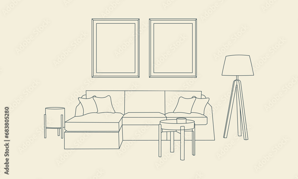 Living room interior with brown sofa, coffee table, floor lamp and plants. Vector flat style illustration Living room interior with brown sofa, coffee table, floor lamp and plants. Vector flat style illustration