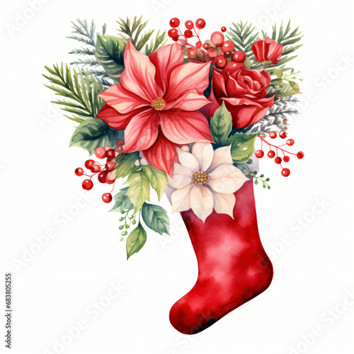 Watercolor Floral Christmas Stocking Clipart isolated on white background