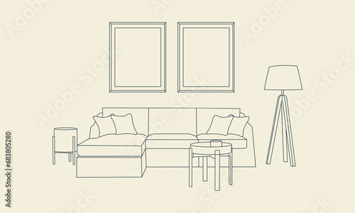 Living room interior with brown sofa, coffee table, floor lamp and plants. Vector flat style illustration