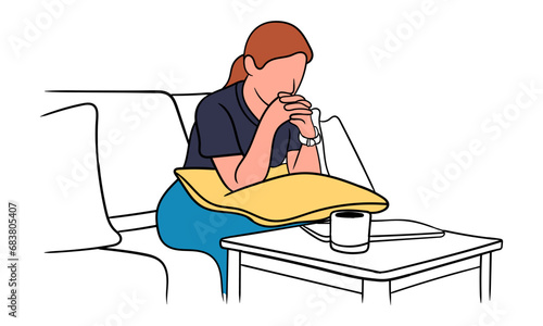 Woman feeling lonely thinking about problems sitting on the sofa. Vector illustration in flat style isolated on white background