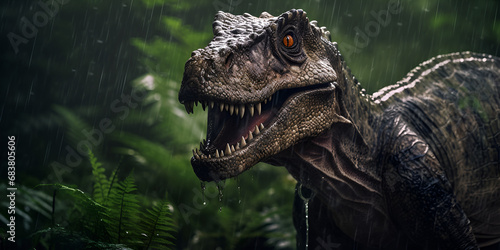 A Majestic Headshot of a Fearsome Dinosaur in the Atmospheric Rainy Jungle background generative ai