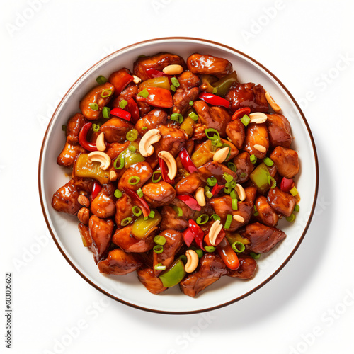 top view of Chinese food Kung Pao Chicken isolated on white background