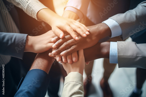 A close up top view shot of multinational business people joining hands together  teamwork build up concept. Generative AI.