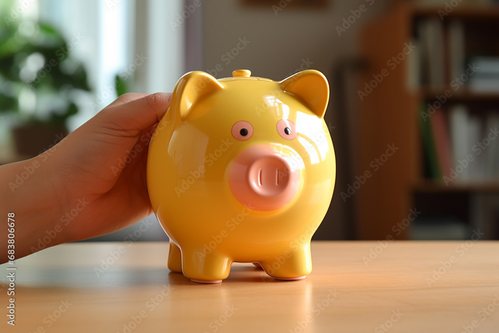 Close up of a hand putting coins into a pink piggy bank and coins are scattered on the table isolated on a blurred background. Generative AI.