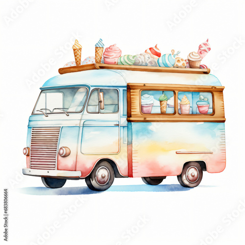 Watercolor Ice Cream truck Clipart isolated on white background
