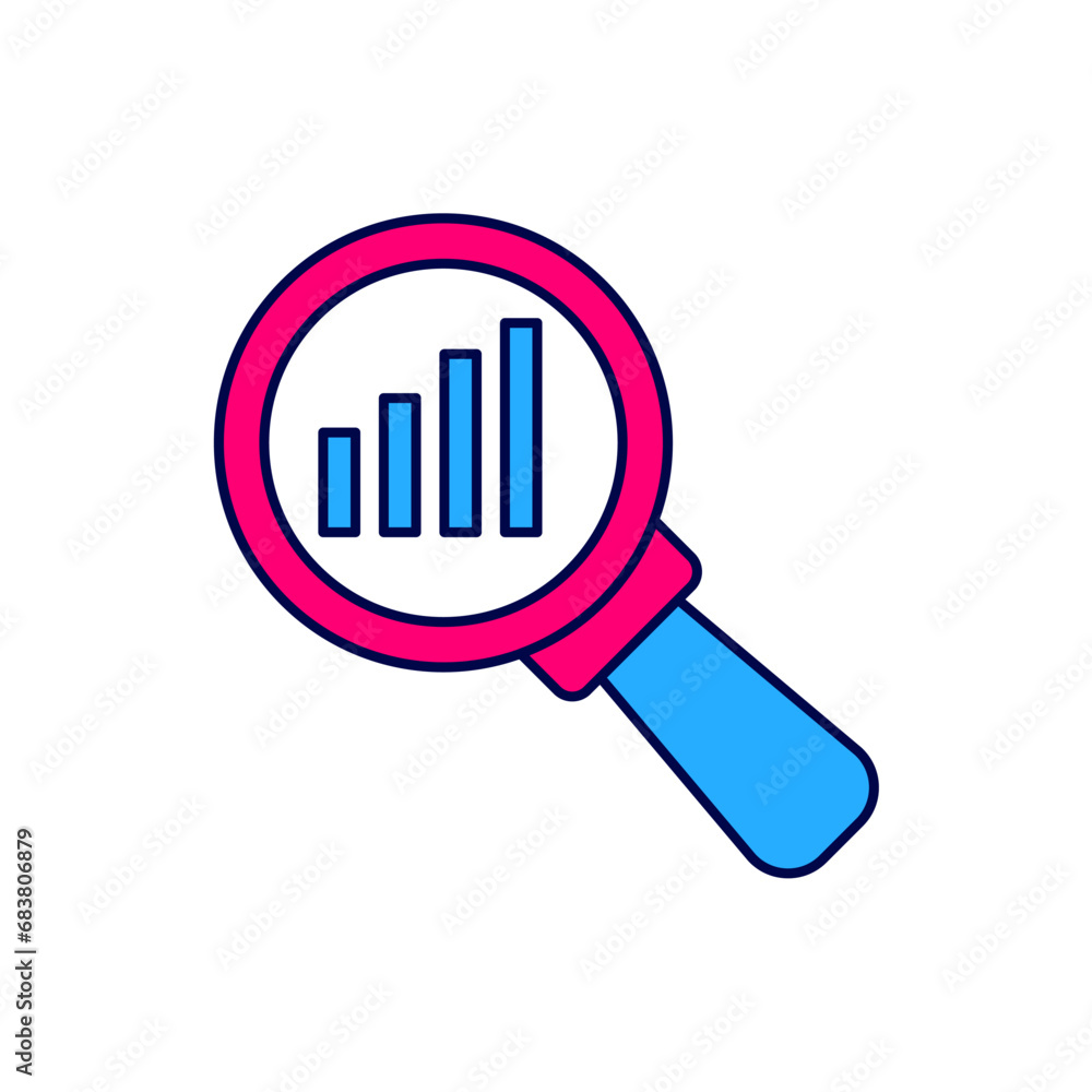 Filled outline Magnifying glass and data analysis icon isolated on white background. Vector Filled outline Magnifying glass and data analysis icon isolated on white background. Vector