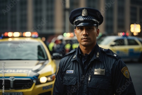 A handsome male policeman on the background of police cars on a city street. © liliyabatyrova