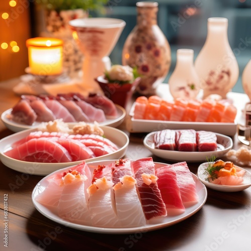 Sushi and Sashimi in an Array of Artfully Arranged Bowls, Culinary Delight