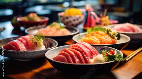 Sushi and Sashimi in an Array of Artfully Arranged Bowls, Culinary Delight