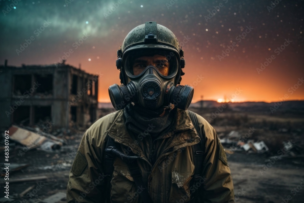 A man wearing a gas mask and a military uniform against the background of destroyed buildings in the city of Northern lights at night. Post-apocalypse world. A man wearing a gas mask and a military uniform against the background of destroyed buildings in the city of Northern lights at night. Post-apocalypse world.