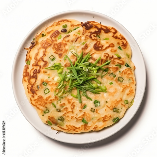 Top view of Chinese food Scallion Pancakes isolated on white background