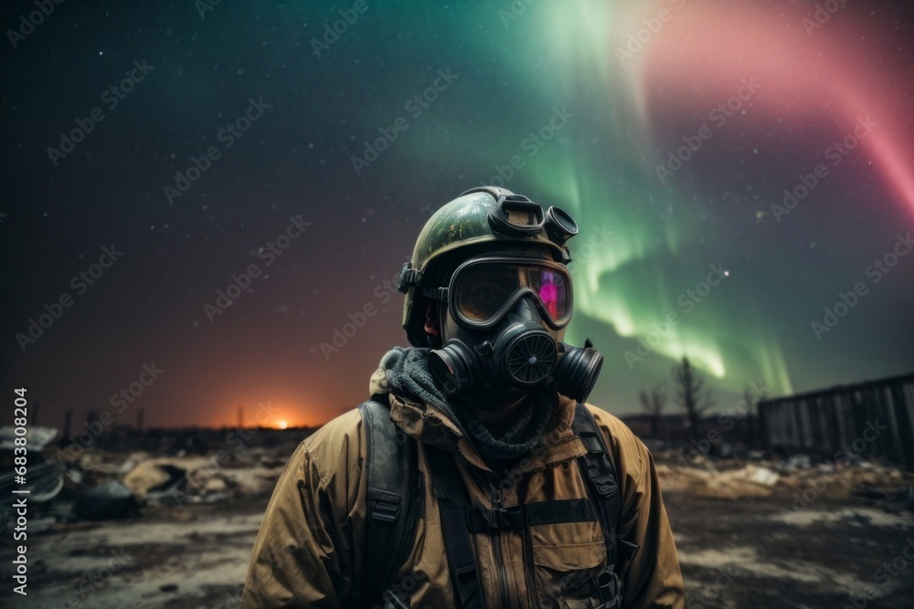post-apocalypse A man wearing a gas mask and a military uniform against the background of destruction and the northern lights. post-apocalypse A man wearing a gas mask and a military uniform against the background of destruction and the northern lights.