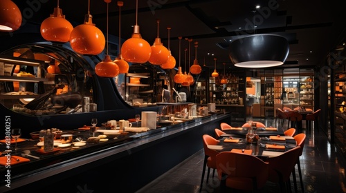 Asian restaurant, table, orange and black theme