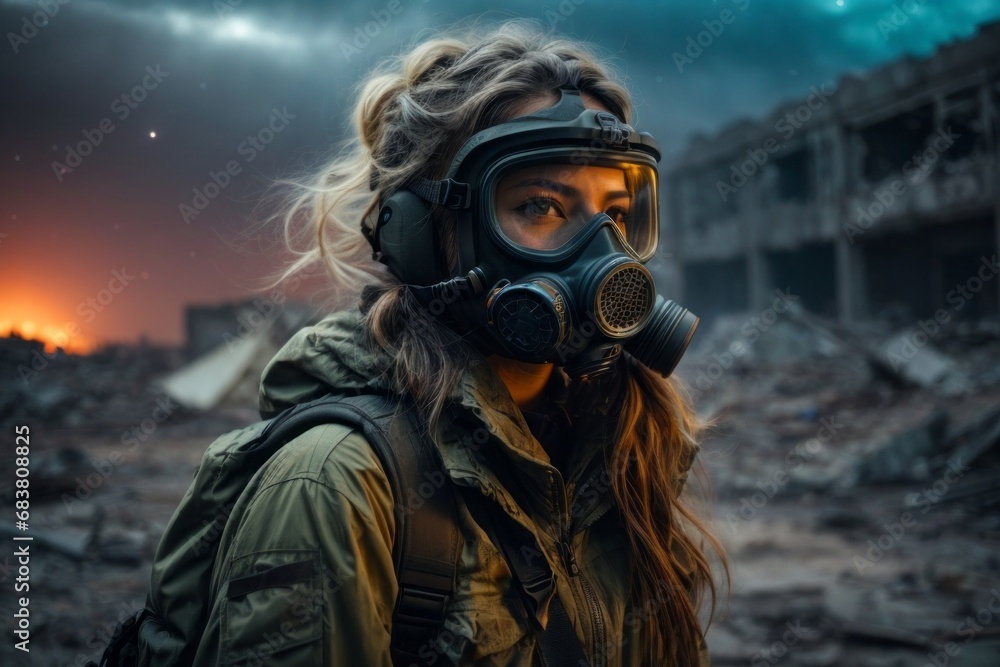 A woman wearing a gas mask and a military uniform against the background of destroyed buildings in the city of Northern lights at night. Post-apocalypse world. A woman wearing a gas mask and a military uniform against the background of destroyed buildings in the city of Northern lights at night. Post-apocalypse world.