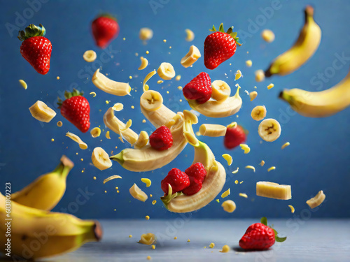 Fliegende Müslimischung aus Bananen. Ergbeeren und Haferflocken