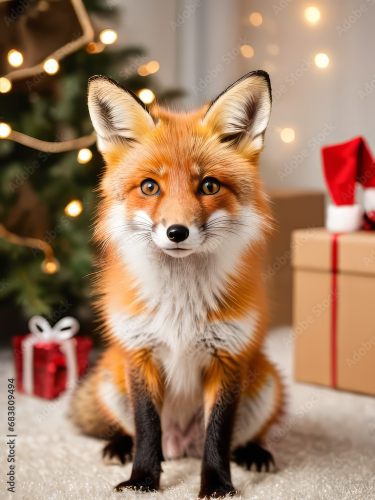 Fototapeta premium a portrait of a cute Christmas fox, soft light, Christmas background with giant presents and Christmas tree, cute animal, Xmas, funny, joy. Generative AI