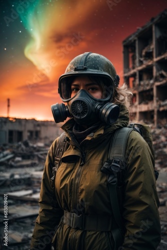 A woman wearing a gas mask and a military uniform against the background of destroyed buildings in the city of Northern lights at night. Post-apocalypse world.