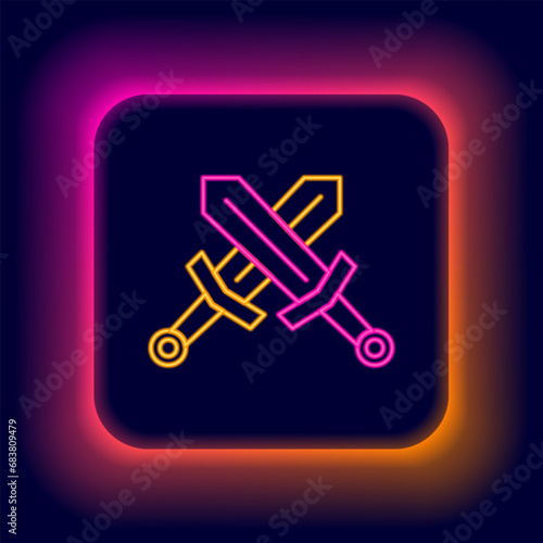 Glowing neon line Crossed medieval sword icon isolated on black background. Medieval weapon. Colorful outline concept. Vector