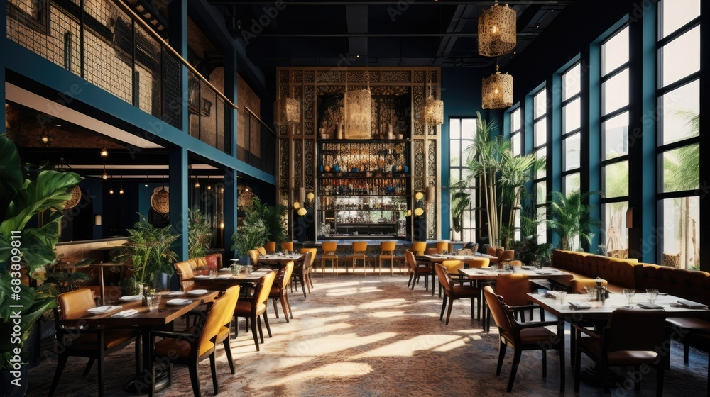  Interior of a Stylish Restaurant with Contemporary Design, Inviting Ambiance, and Chic Decor