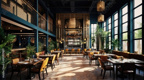  Interior of a Stylish Restaurant with Contemporary Design, Inviting Ambiance, and Chic Decor