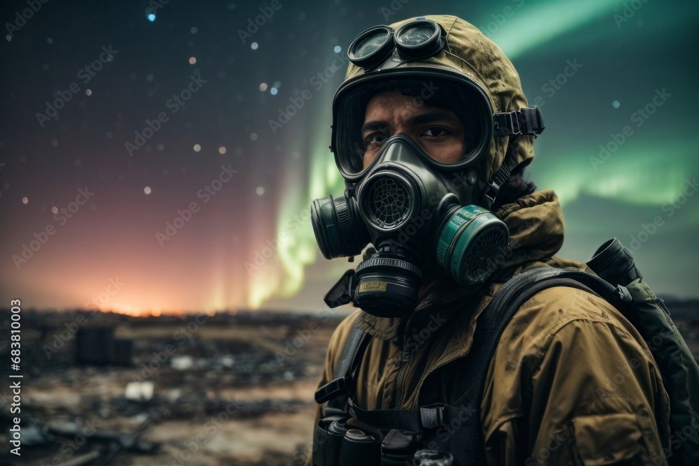 post-apocalypse A man wearing a gas mask and a military uniform against the background of destruction and the northern lights. post-apocalypse A man wearing a gas mask and a military uniform against the background of destruction and the northern lights.