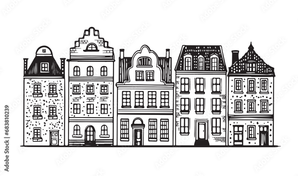 Amsterdam old city buildings hand drawn illustrations.