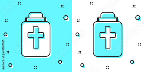 Black line Funeral urn icon isolated on green and white background. Cremation and burial containers, columbarium vases, jars and pots with ashes. Random dynamic shapes. Vector