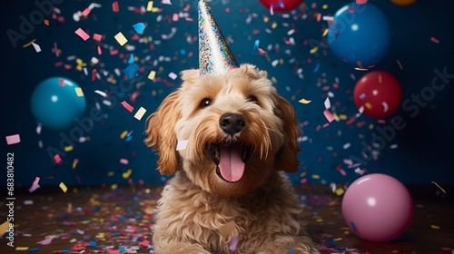 Happy cute labradoodle dog wearing a party hat celebrating at a birthday party, surrounding by falling confetti.