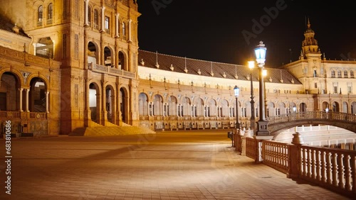 Night view of Plaza de Espana, Seville, Andalucia, Spain, built for the Ibero-American Exposition of 1929 designed by Anibal Gonzalez photo
